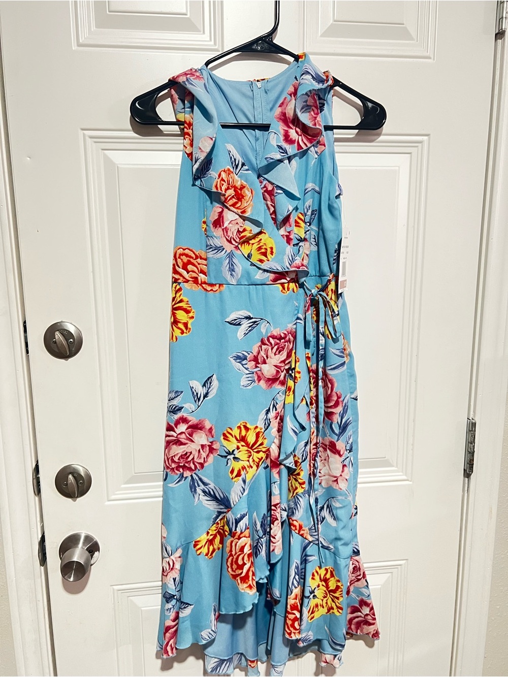 Rare Editions Sky Blue Floral Ruffle Wrap Midi Dress